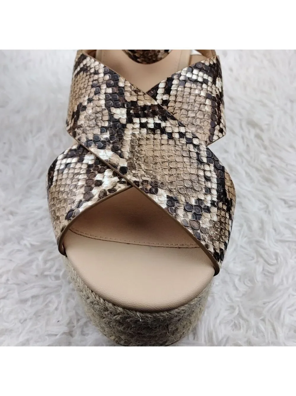 Office London Brown Snakeskin Open Toe Slingback Platform Espadrille Sandal Shoe
